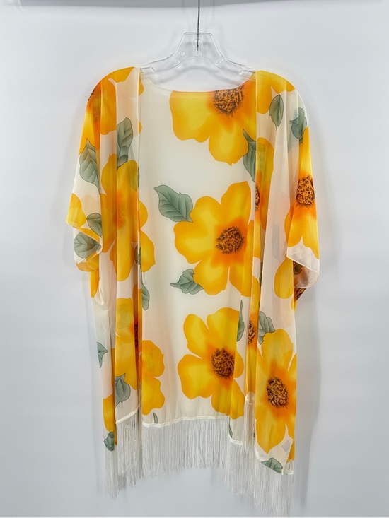 Other - Sheer Floral Kimono Cover Up Yellow Orange Boho Fringe Hem Lightweight Summer